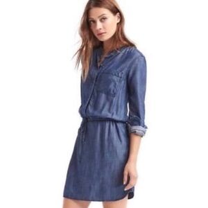 Gap Denim Chambray Tie Waist Cinched Tencel Button Up Dress